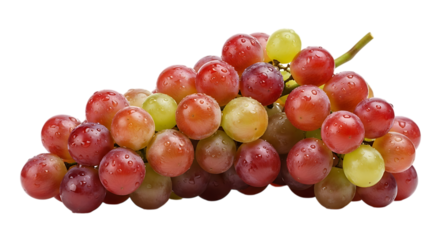 A cluster of ripe red and green grapes, water droplets fruit, isolated on white or transparent background, AI