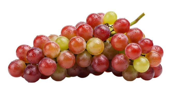A cluster of ripe red and green grapes, water droplets fruit, isolated on white or transparent background, AI