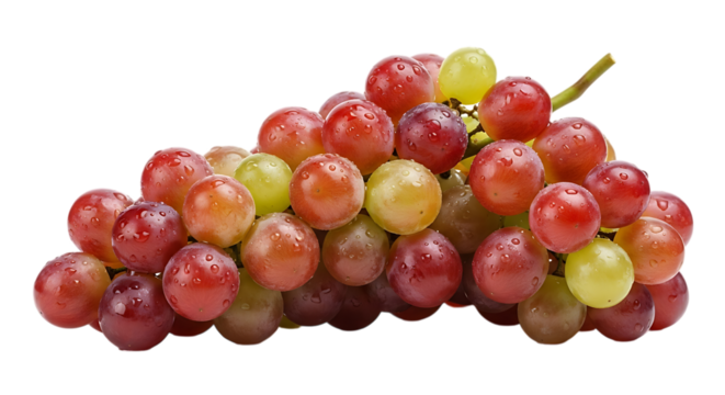 A cluster of ripe red and green grapes, water droplets fruit, isolated on white or transparent background, AI