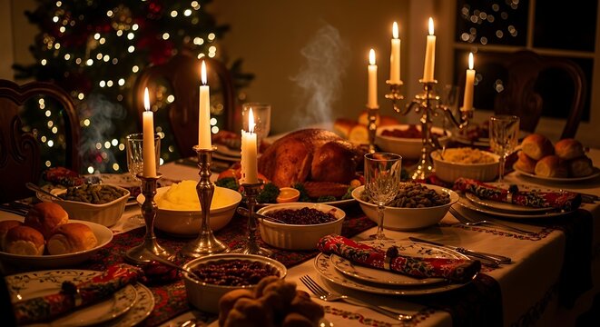 A festive holiday table setting with turkey and christmas tree lights