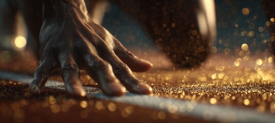 Close-Up of Athlete's Hand Brushing Lane Line in Golden Light
