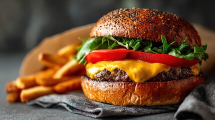 Classic American cheeseburger served with crispy French fries on a gray surface
