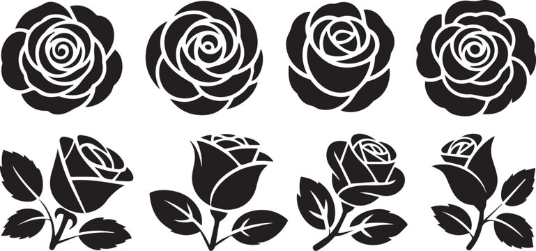 rose stylized rose silhouettes top view and side view vector art