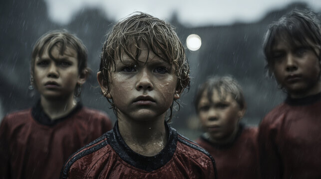 Determined Young Soccer Players in Rainy, Dramatic Sports Scene