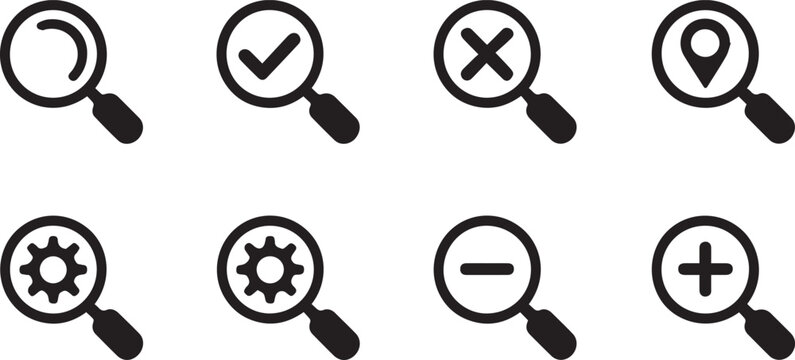 search magnifying glass icons set check x pin gear zoom