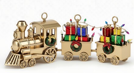 Gold christmas train with gifts and wreaths on a white background