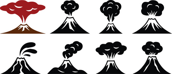 volcano eruption icons eight silhouette variations for education