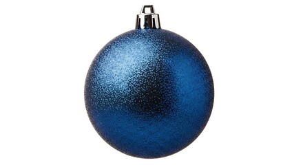 A shiny blue christmas ornament with silver top on a white background