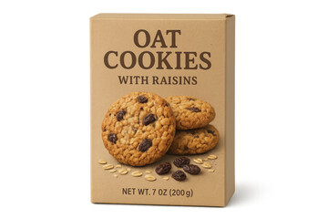 Oat cookies with raisins in a brown cardboard box, displaying food packaging