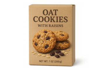 Oat cookies with raisins in a brown cardboard box, displaying food packaging