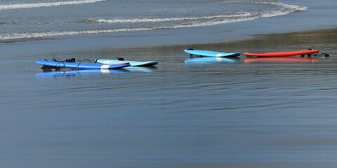 planches de surf sur une plage oc&eacute;anique