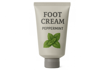 Beige foot cream tube with peppermint on transparent background