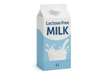 Lactose-free milk carton featuring splash icon on transparent background