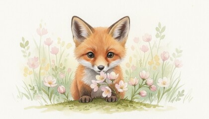 Obraz premium A sweet watercolor of a baby fox surrounded by pastel flowers, capturing a feeling of warmth, spring renewal, and the innocent curiosity of young wildlife in nature