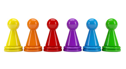 A row of six colorful pawn game pieces in yellow, orange, red, purple, blue, and green