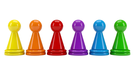 A row of six colorful pawn game pieces in yellow, orange, red, purple, blue, and green