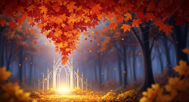 Image of red maple foliage above ornate archway in mystical forest with leaf litter, signifying enchantment, passage, and autumnal beauty