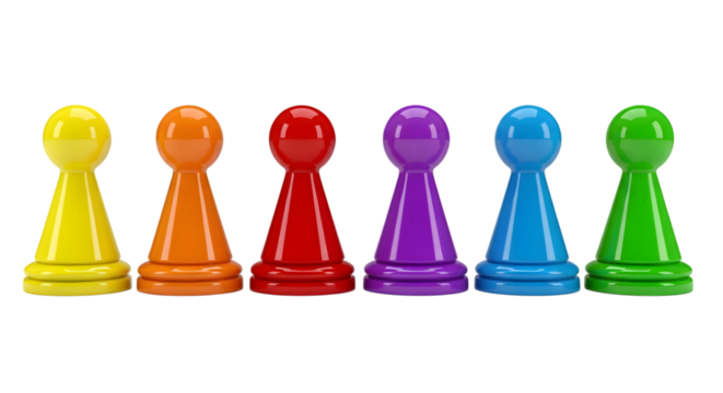 A row of six colorful pawn game pieces in yellow, orange, red, purple, blue, and green