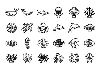 Obraz premium A comprehensive set of marine life line icons. Vector symbols of sea creatures like whales, sharks, turtles, and coral reefs