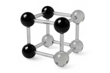 Glass molecular model showing chemical structure and atomic bonds, representing science education and research on transparent background