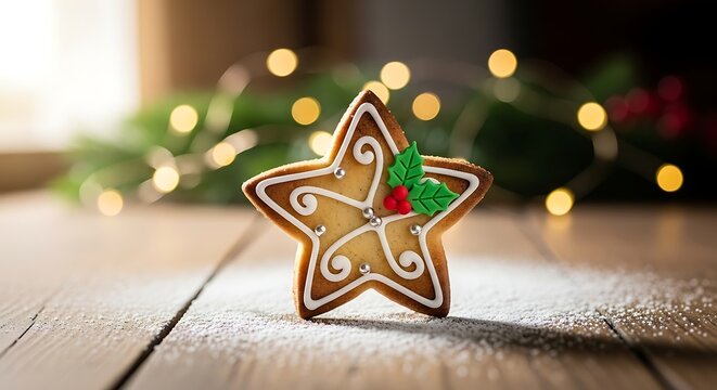 Decorated star cookie on wooden surface with christmas lights behind - Powered by Adobe