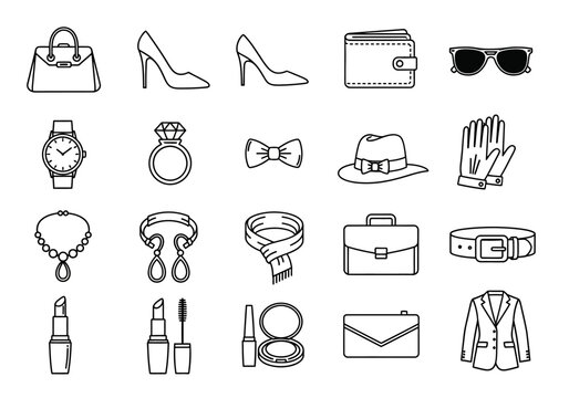 Collection of fashion and personal accessory line icons. Vector outline symbol set for men and women's style items including clothing, jewelry, and beauty products