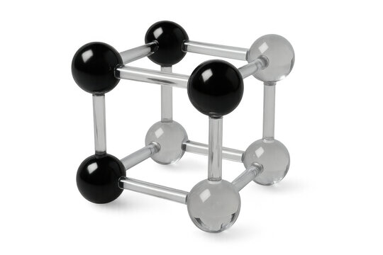 Glass molecular model showing chemical structure and atomic bonds, representing science education and research on transparent background