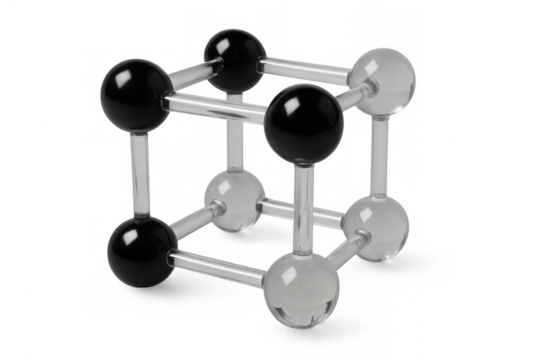 Glass molecular model showing chemical structure and atomic bonds, representing science education and research on transparent background