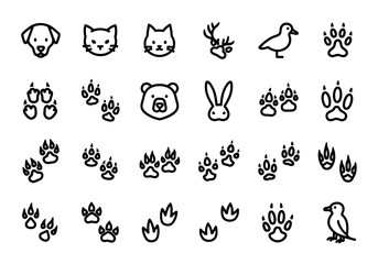 A comprehensive vector set of animal and wildlife track icons. Simple line art illustrations of paw prints, footprints, and various animal heads
