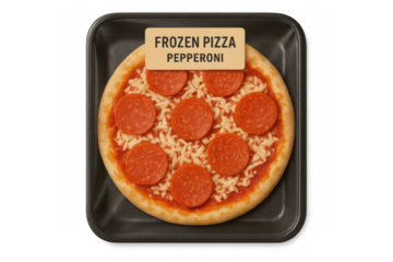 Frozen pepperoni pizza on dark tray, transparent background