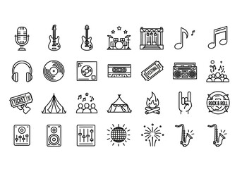 Comprehensive collection of music festival and rock concert line icons featuring guitar, drums, stage, and audio equipment symbols