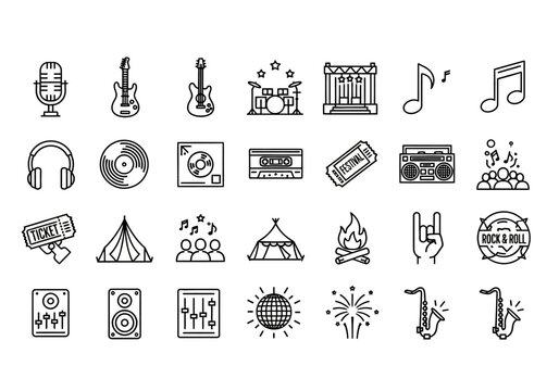 Comprehensive collection of music festival and rock concert line icons featuring guitar, drums, stage, and audio equipment symbols