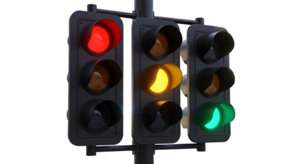 Traffic light showing red, yellow, and green lights, indicating stop, caution, and go signals