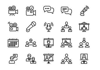 Vector icon pack for business communication, including symbols for webinars, conferences, online meetings, and public presentations