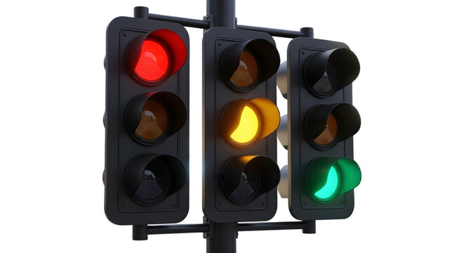 Traffic light showing red, yellow, and green lights, indicating stop, caution, and go signals