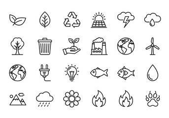 Comprehensive set of thin line icons representing ecology, sustainable energy, nature, and environmental conservation concepts