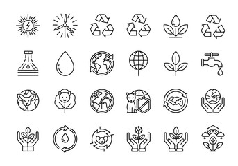 A detailed collection of line art vector icons symbolizing ecology, renewable energy, sustainability, and environmental protection concepts