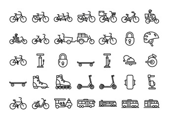 Set of thin line icons for urban transportation and personal mobility. Vector symbols for bicycle, scooter, skateboard, and eco-friendly travel concepts