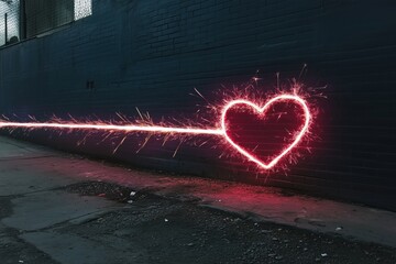 Bright red sparkling heart shape with a horizontal line of light drawn on a dark wall.