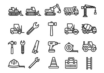 Set of thin line construction icons. Building equipment, heavy vehicle, and repair tool symbols collection. Vector graphic elements for industrial design