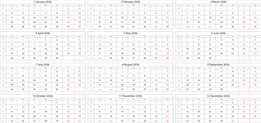 2026 Calendar Grid with Monthly Layouts and Highlighted Dates vector illustration