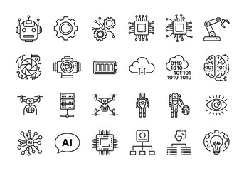 Thin line icon set illustrating concepts of artificial intelligence, robotics, automation, and future technology