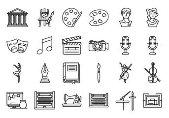 Creative arts and cultural hobbies icon set, a collection of linear symbols for painting, music, and theater. erty (70)