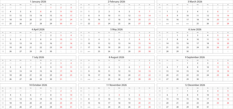2026 Calendar Grid with Monthly Layouts and Highlighted Dates vector illustration