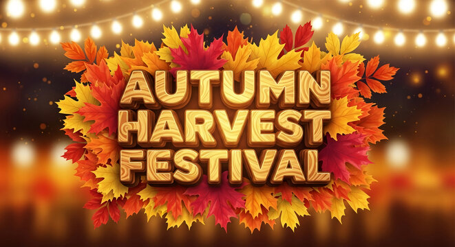 Autumn Harvest Festival text art with red, orange, and yellow maple leaf. It represents autumnal celebration and seasonal event in vibrant style