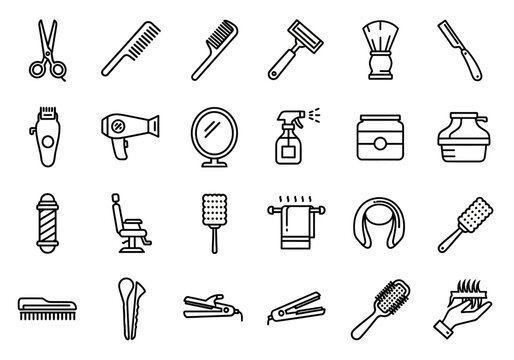 A professional collection of linear icons representing barbershop tools, hairdressing equipment, and salon grooming accessories