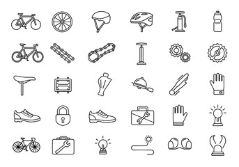 A comprehensive collection of line art icons representing various bicycle parts, cycling gear, and repair tools