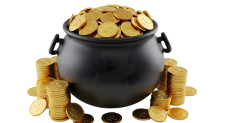 A black cauldron overflowing with gold coins, representing wealth and fortune