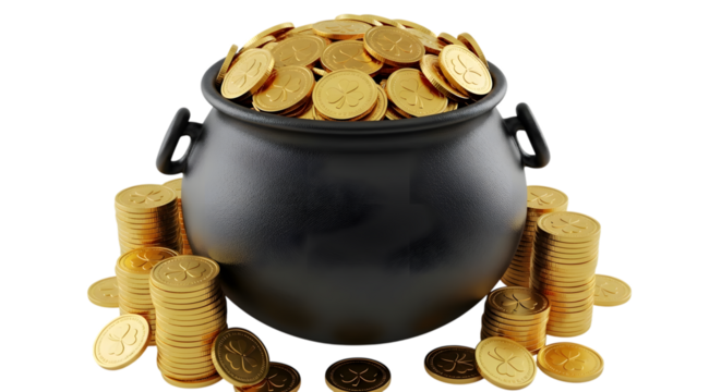 A black cauldron overflowing with gold coins, representing wealth and fortune