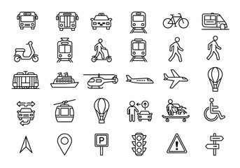 A diverse collection of thin line transportation icons representing public and personal mobility, including travel and navigation symbols